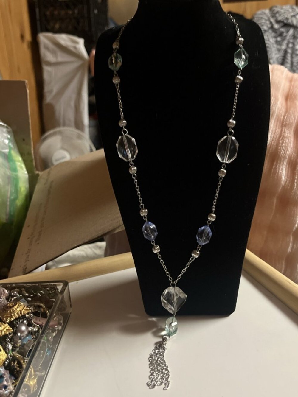 Necklace women’s-long Elegant Silver Blues And Teal Beads With Silver Tassel.